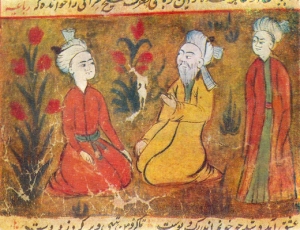 Amir Khusrow surrounded by young men. Miniature from a manuscript of Majlis Al-Usshak by Husayn Bayqarah (Wikipedia)