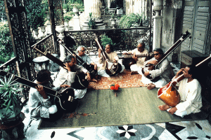 Grandsons of Zakiruddin Khan and Allabande Khan - The Dagar Brothers ( from left to right): Ustad Zia Fariduddin Dagar( b1933), Ustad Nasir Zahiruddin Dagar(1932-1994), Ustad Rahim Fahimuddin Dagar(b 1927), Ustad Nasir Aminuddin Dagar(1923-2000), Ustad Zia Mohiuddin Dagar (1929-1990), Ustad Nasir Faiyazuddin Dagar(1934-1989), Ustad Hussain Sayeeduddin Dagar(b1939).